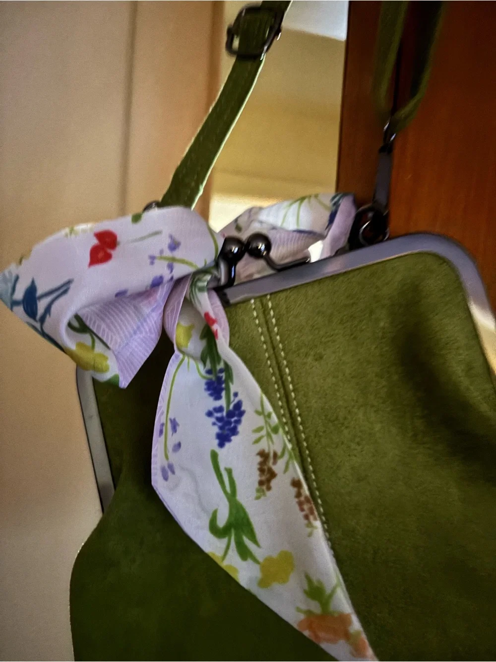 Green Suede Shoulder Bag with Floral Scarf brand new